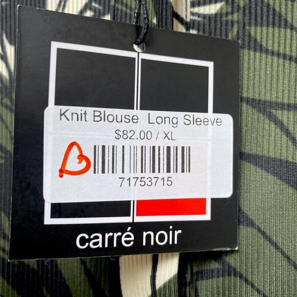 CARRE NOIR Stretch Top XL Womens Button Up Olive Green Print Long Sleeve NWT - Picture 7 of 11
